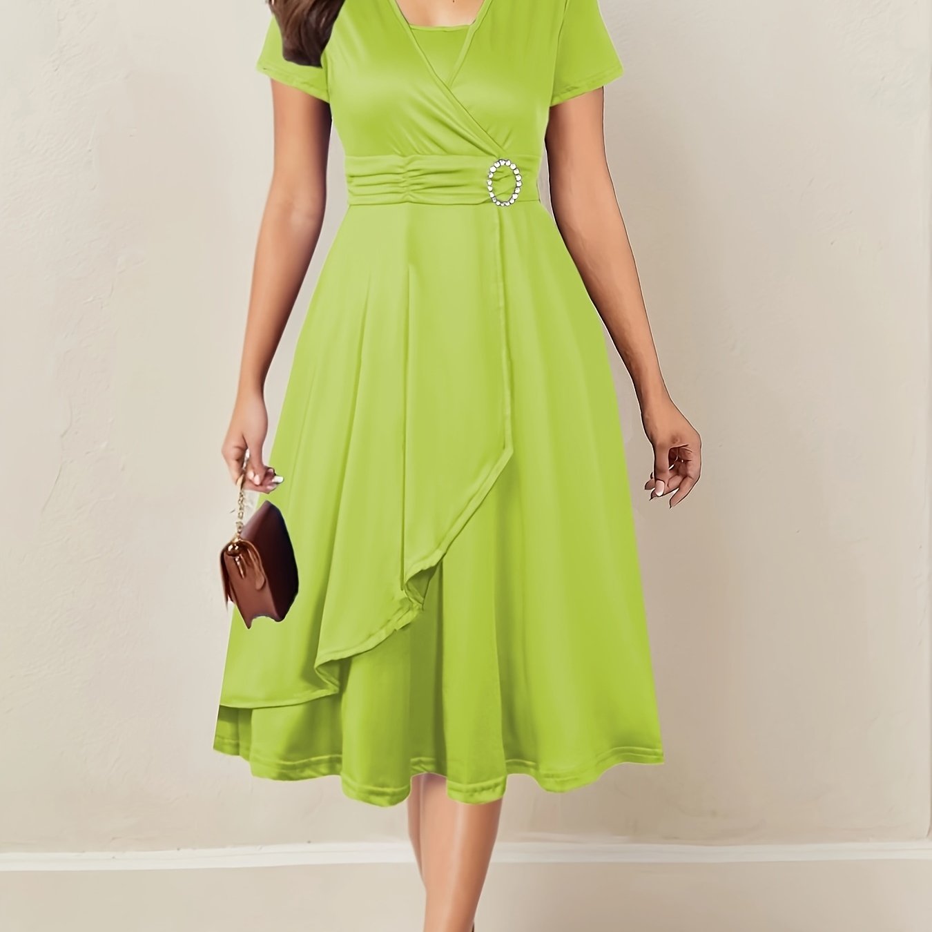 Women's Rhinestone V-Neck Dress with Asymmetrical Hem and Tie Waist