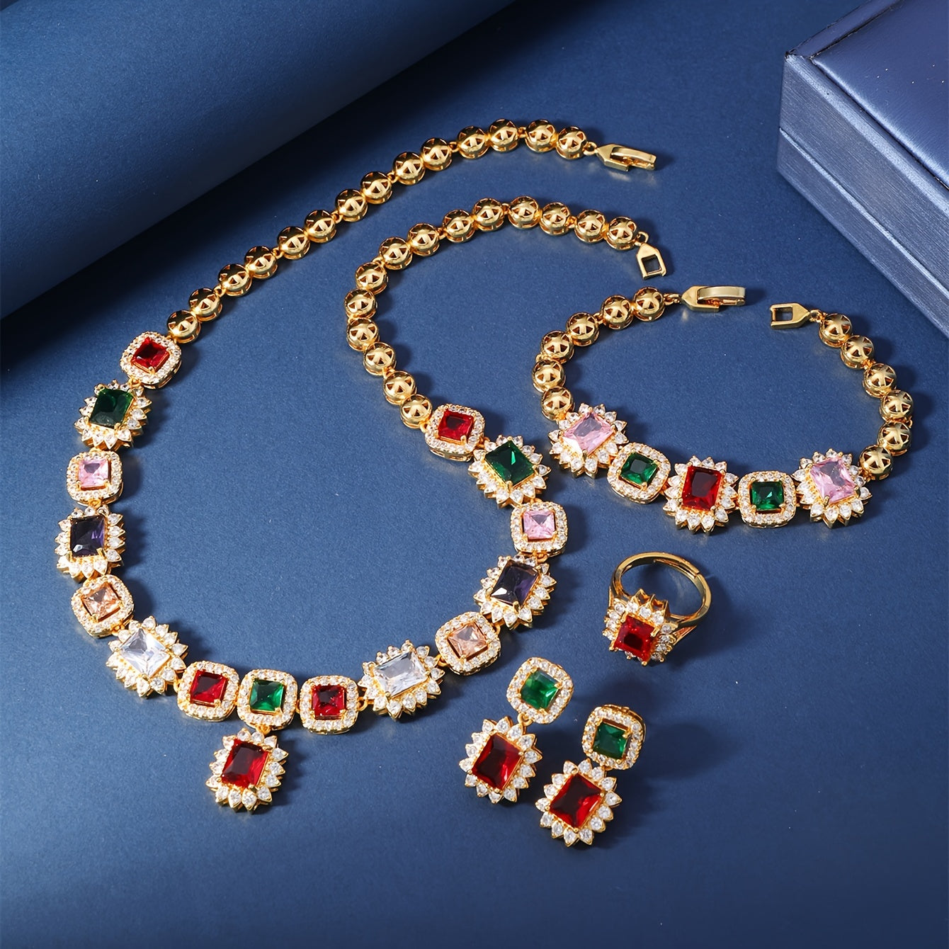 Vintage Gold Plated Jewelry Set with Multicolor Zirconia for Women Includes Necklace Bracelet Earrings Ring