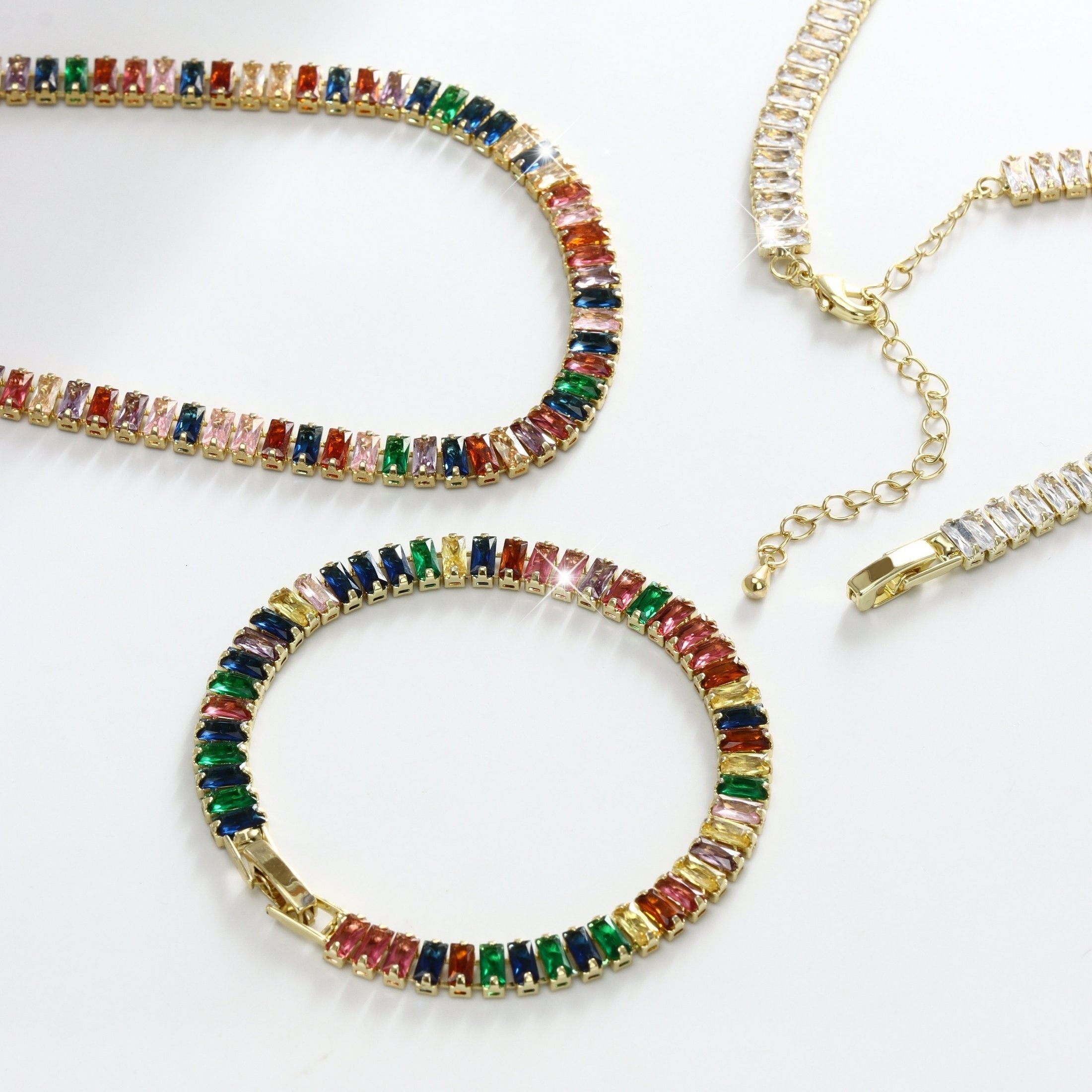 Women's 18K Gold Plated Copper Tennis Wrist Jewelry Set with Colorful Cubic Zirconia