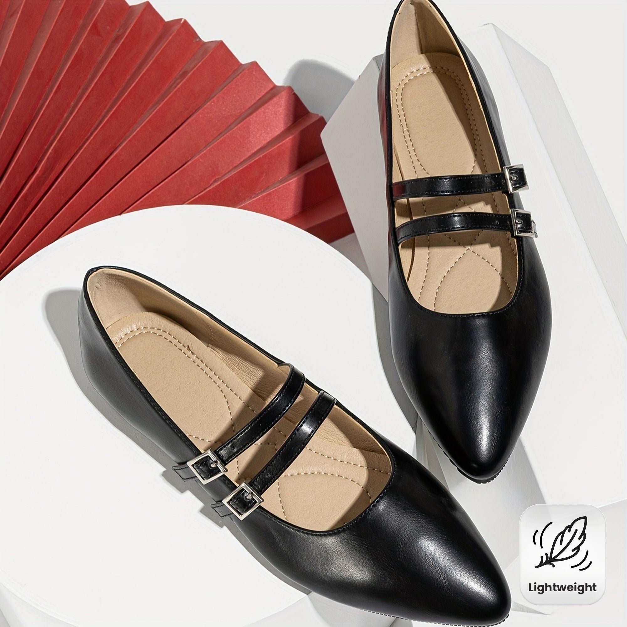 Zapatos planos negros estilo francés Mary Jane para mujer con punta puntiaguda y diseño slip-on