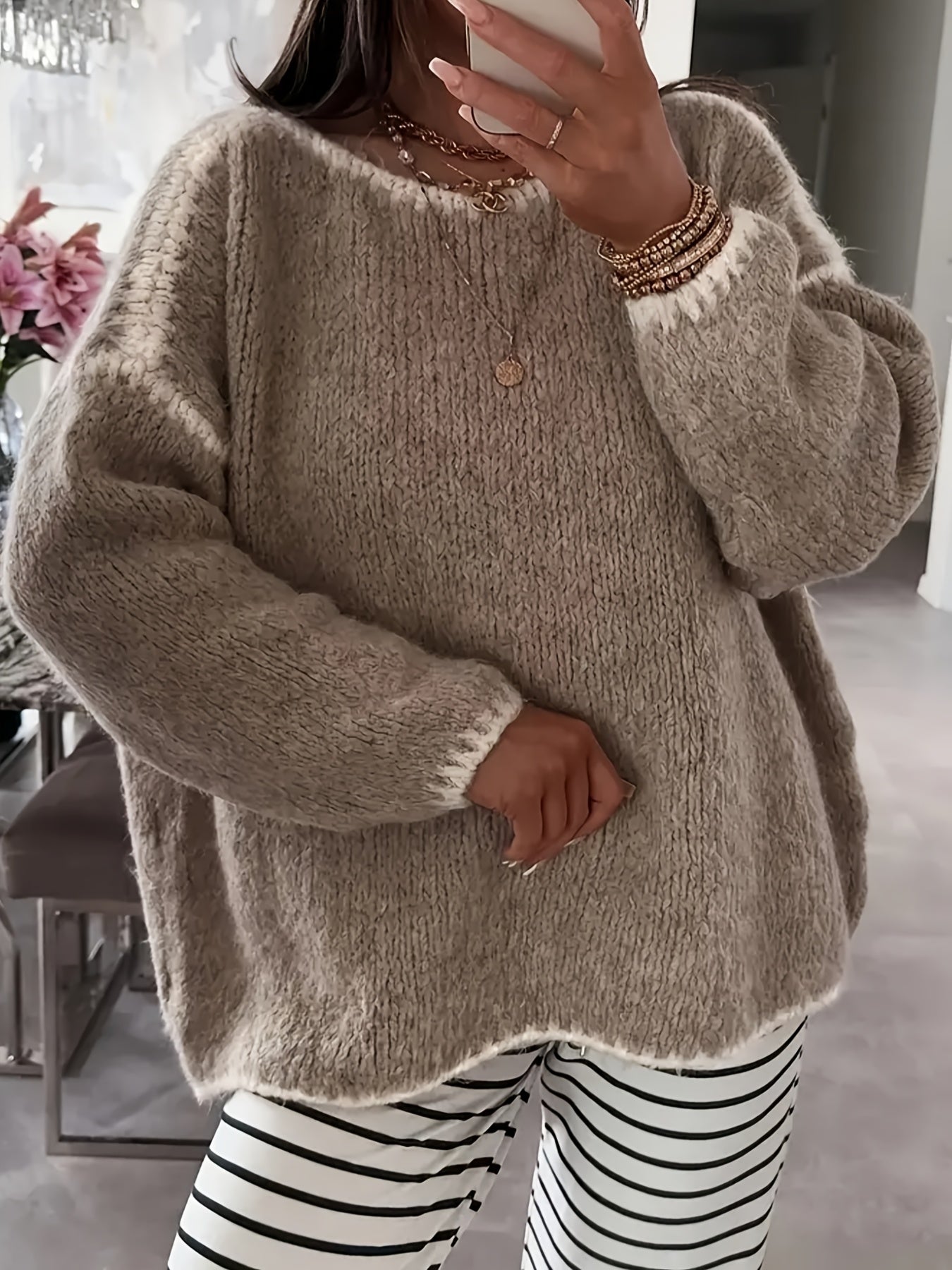 Plus Size Women's Beige Sweater Long Sleeve Fall Winter Casual Formal Knitwear