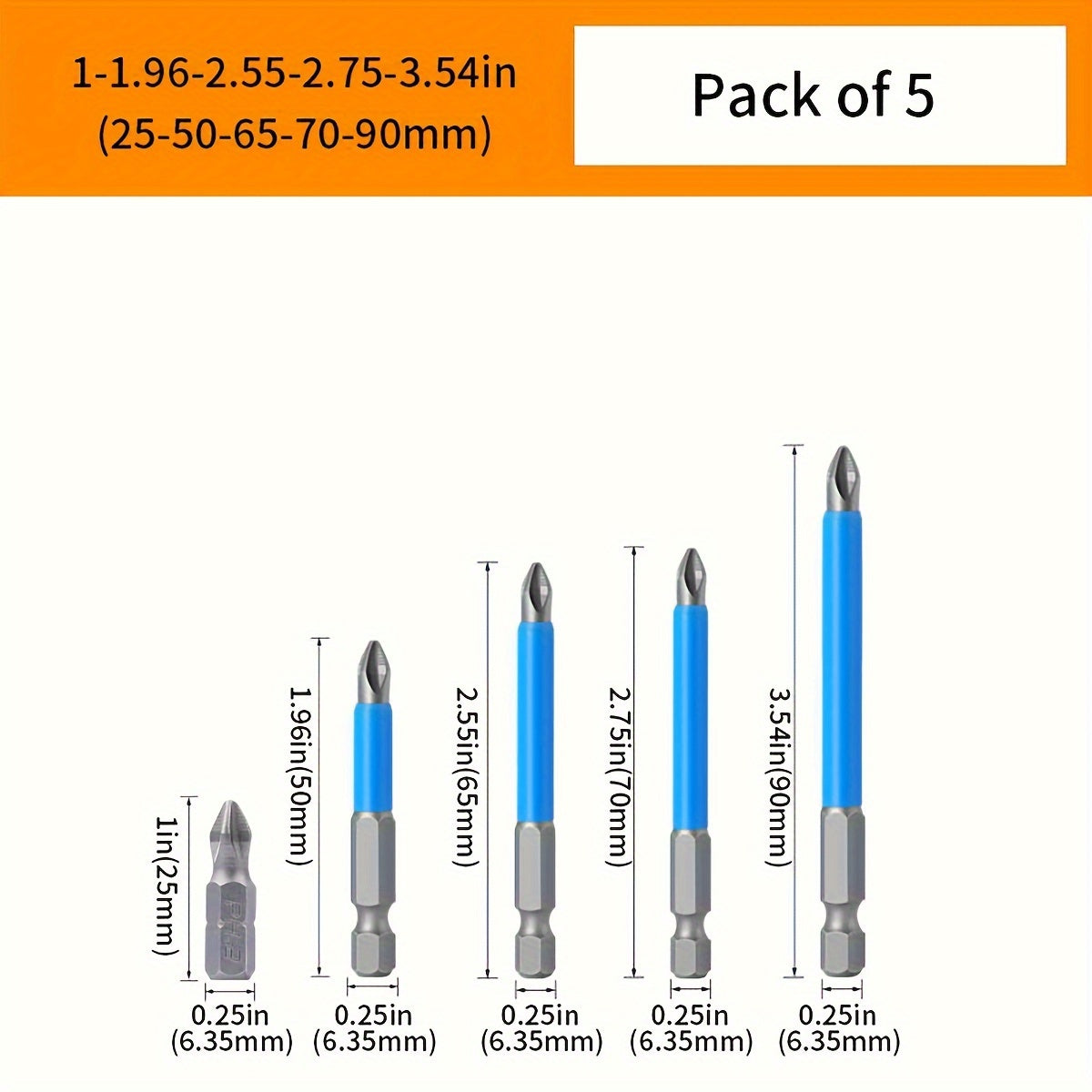 Juego de 5 piezas de puntas de destornillador de cruz magnéticas de acero S2 con alcance extendido