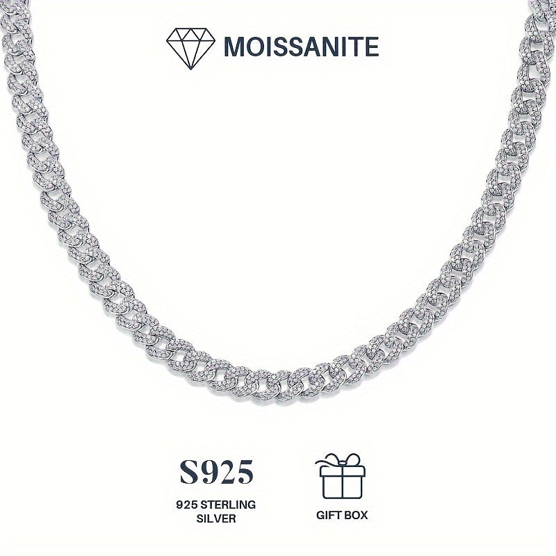 Sterling Silver Cuban Chain Necklace with Moissanite for Men and Women