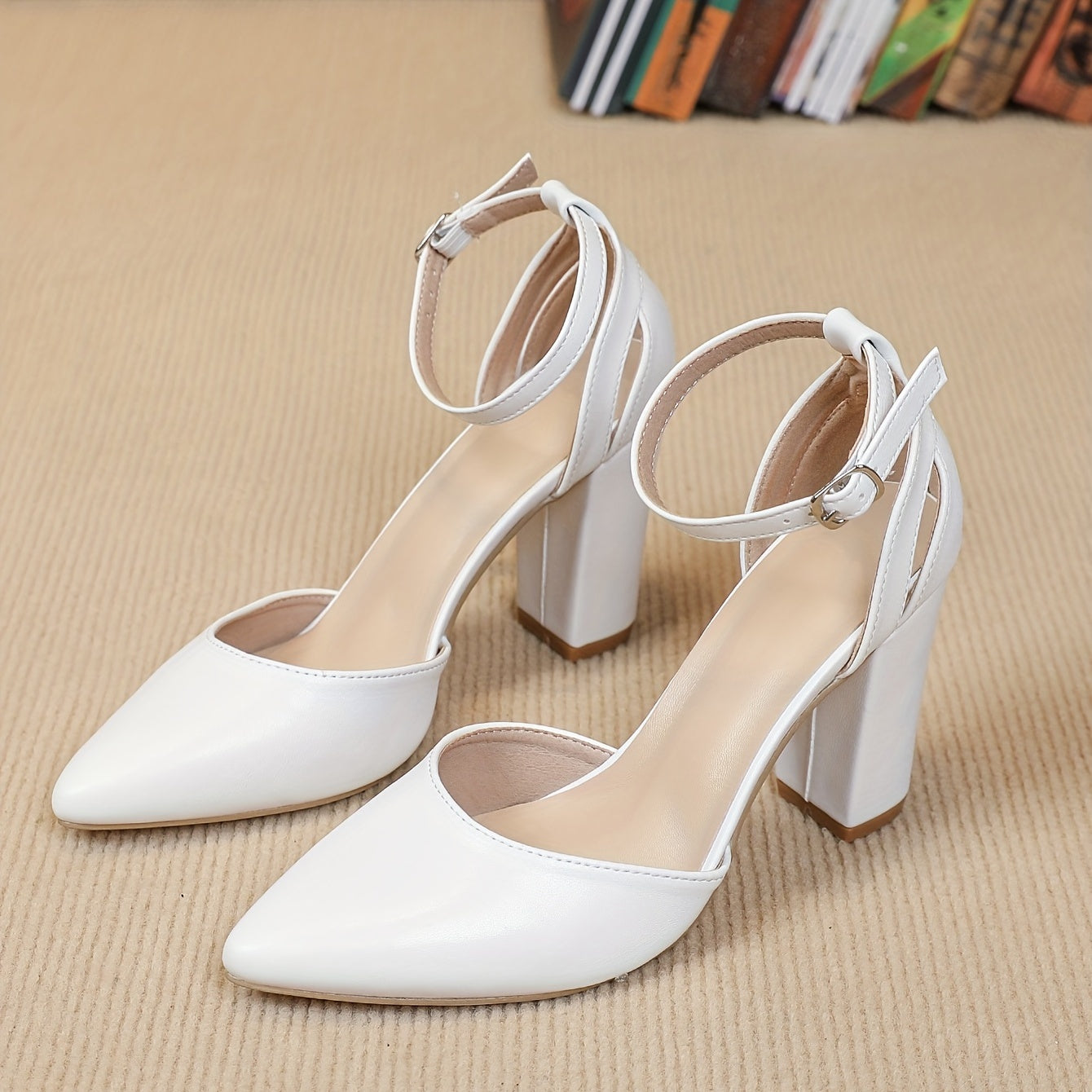 Women's White Block Heel Pumps with Pointed Toe and Ankle Strap