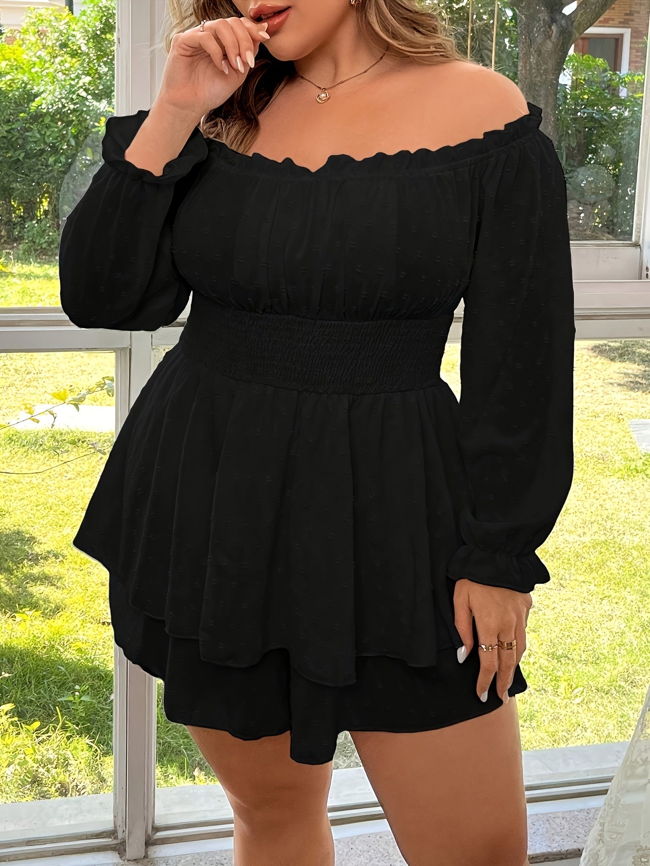 Women's Plus Size Off-Shoulder Ruffled Sleeve Jumpsuit Black Casual Elegant Romper