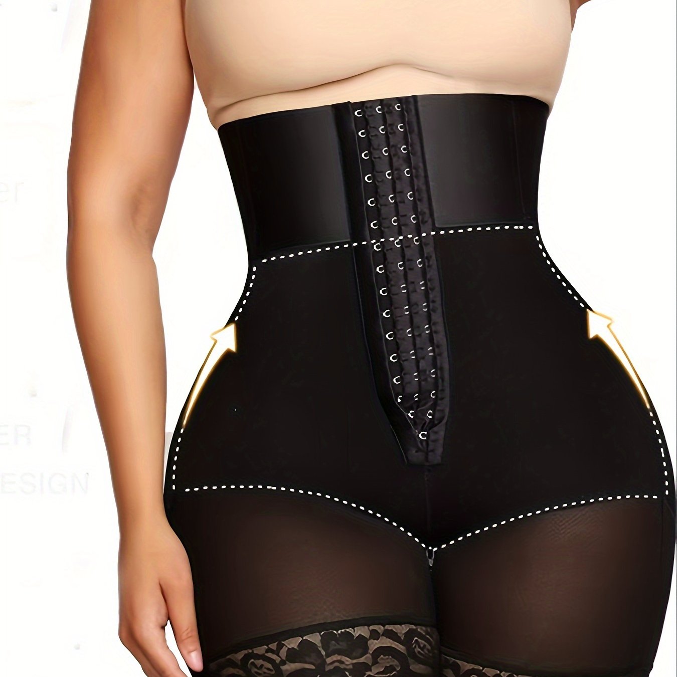 High Waist Shapewear Shorts Solid Color with Contrast Lace Adjustable Waist Nylon Spandex