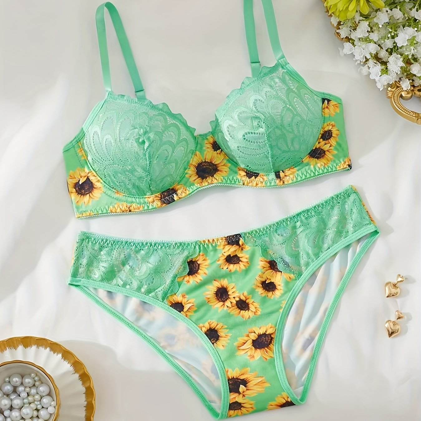 Women's Floral Lace Bralette and Briefs Set Underwear Lingerie