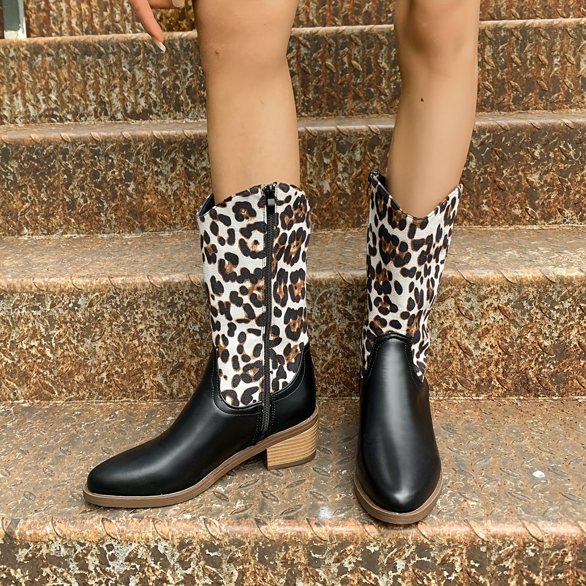 Women's Leopard Print Faux Leather Pointed Toe Boots with Chunky Heel