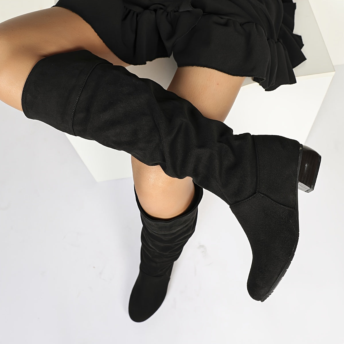 Women's Mid-Calf Stretch Boots Chunky Heel Slip-On Solid Color