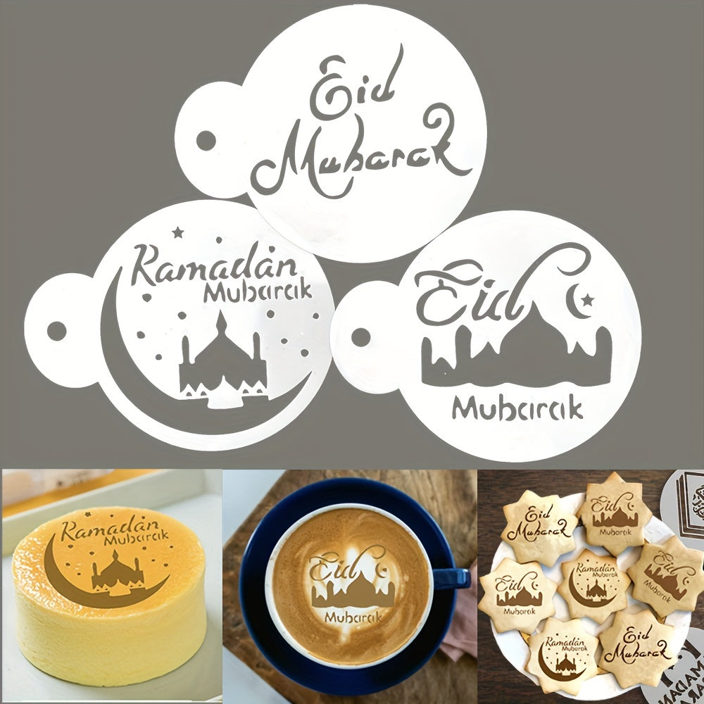 Set of 3 Eid Mubarak Cake Decorating Stencils Food Safe Arabic Calligraphy Islamic Architecture Designs for Cookies and Pastries
