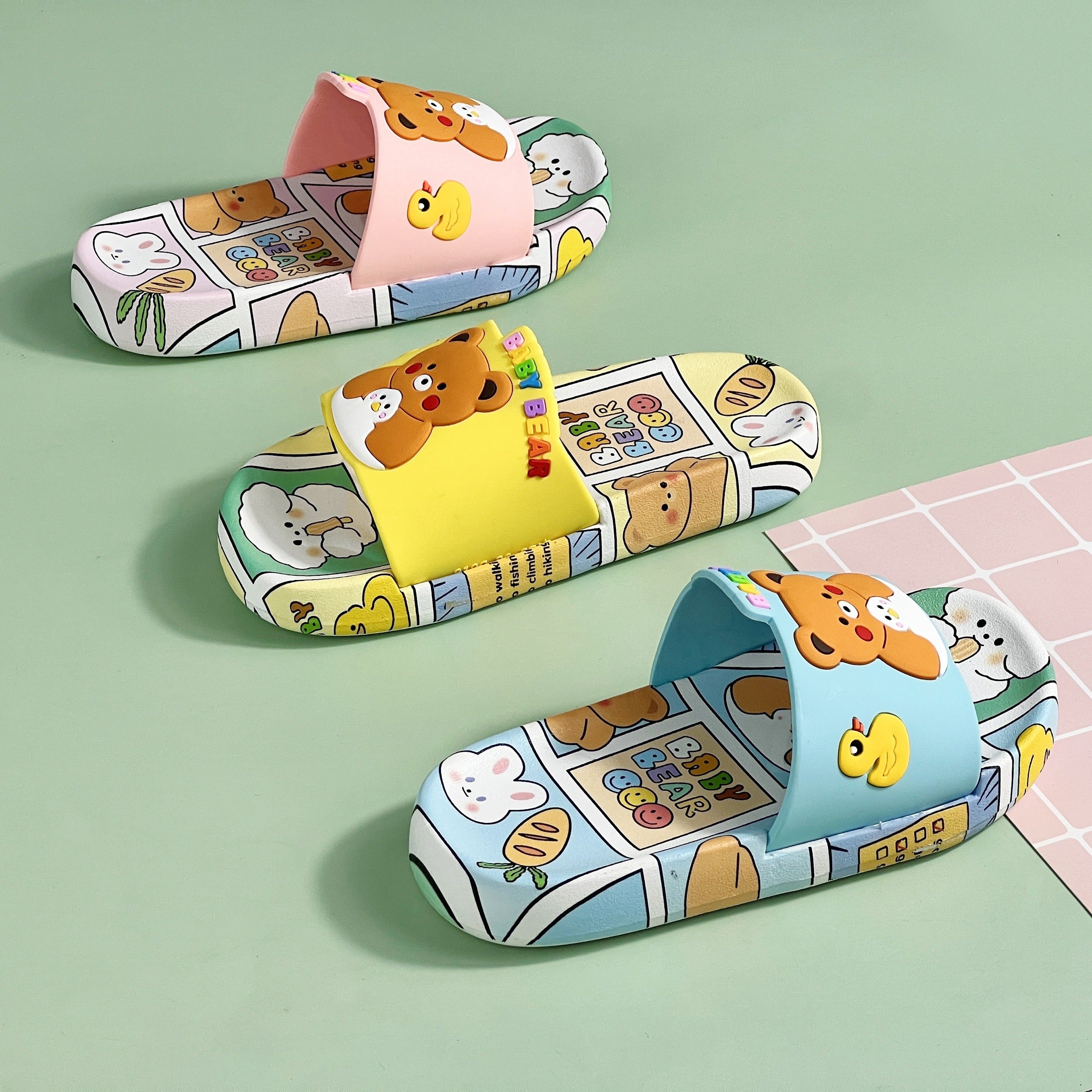 Kids' Cartoon Bear Slippers Non-Slip Open Toe Sandals for Boys and Girls Indoor Beach Bath