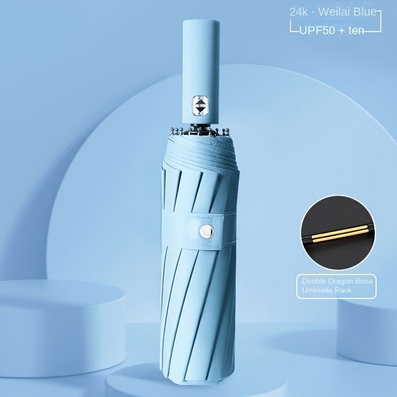 24-Rib Folding Umbrella UV Protection Windproof Waterproof Black Vinyl All Weather