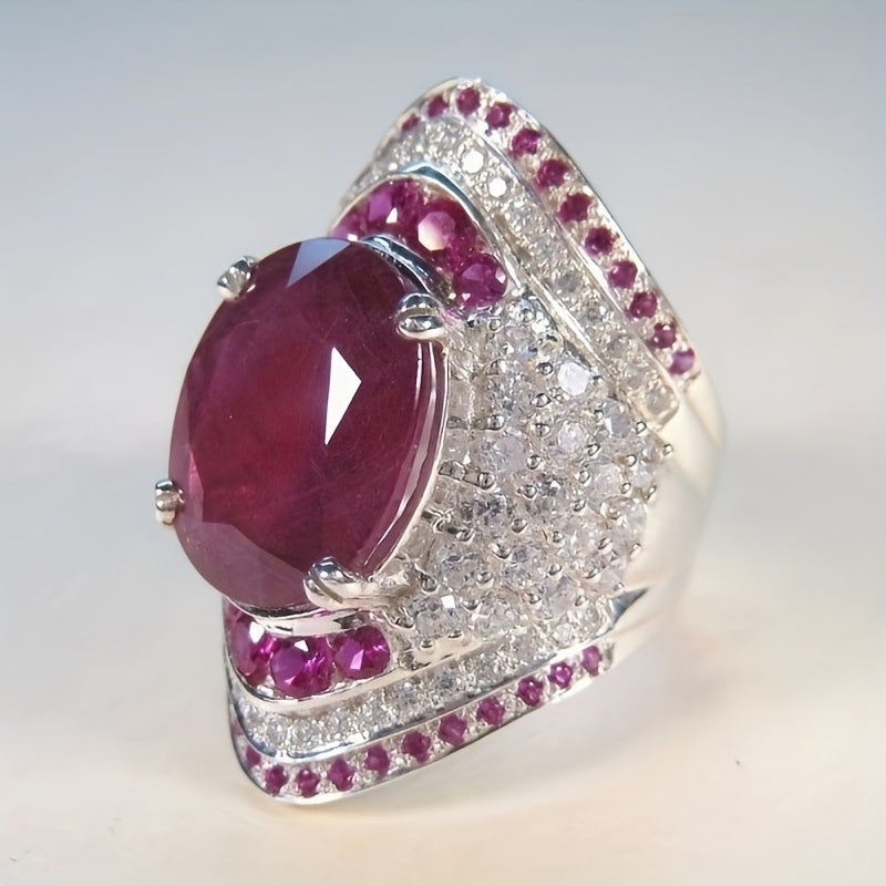 White Gold Plated Ring with Red Oval Cubic Zirconia for Weddings and Daily Wear