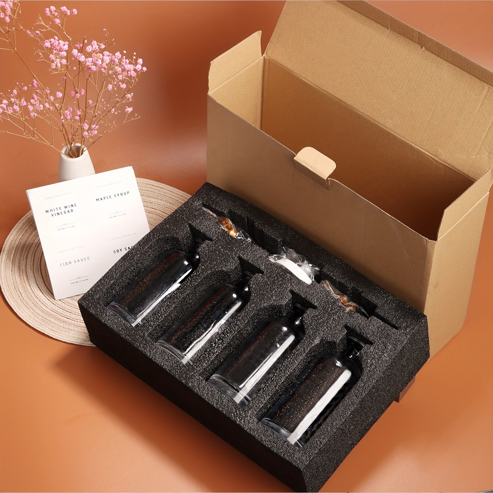 Set of 4 Oil Bottles with Glass Dispenser Leak-Proof Seasoning and Vinegar Bottles