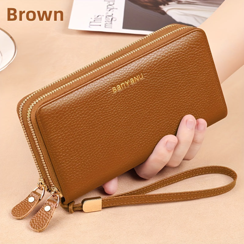 Women's Genuine Leather Wallet with Wristlet Burgundy Large Capacity Double Zip RFID Blocking