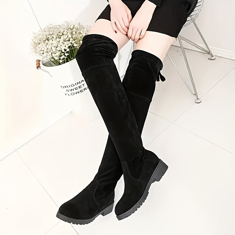 Women's Knee-High Platform Boots Casual Round Toe Soft Fabric Rubber Sole