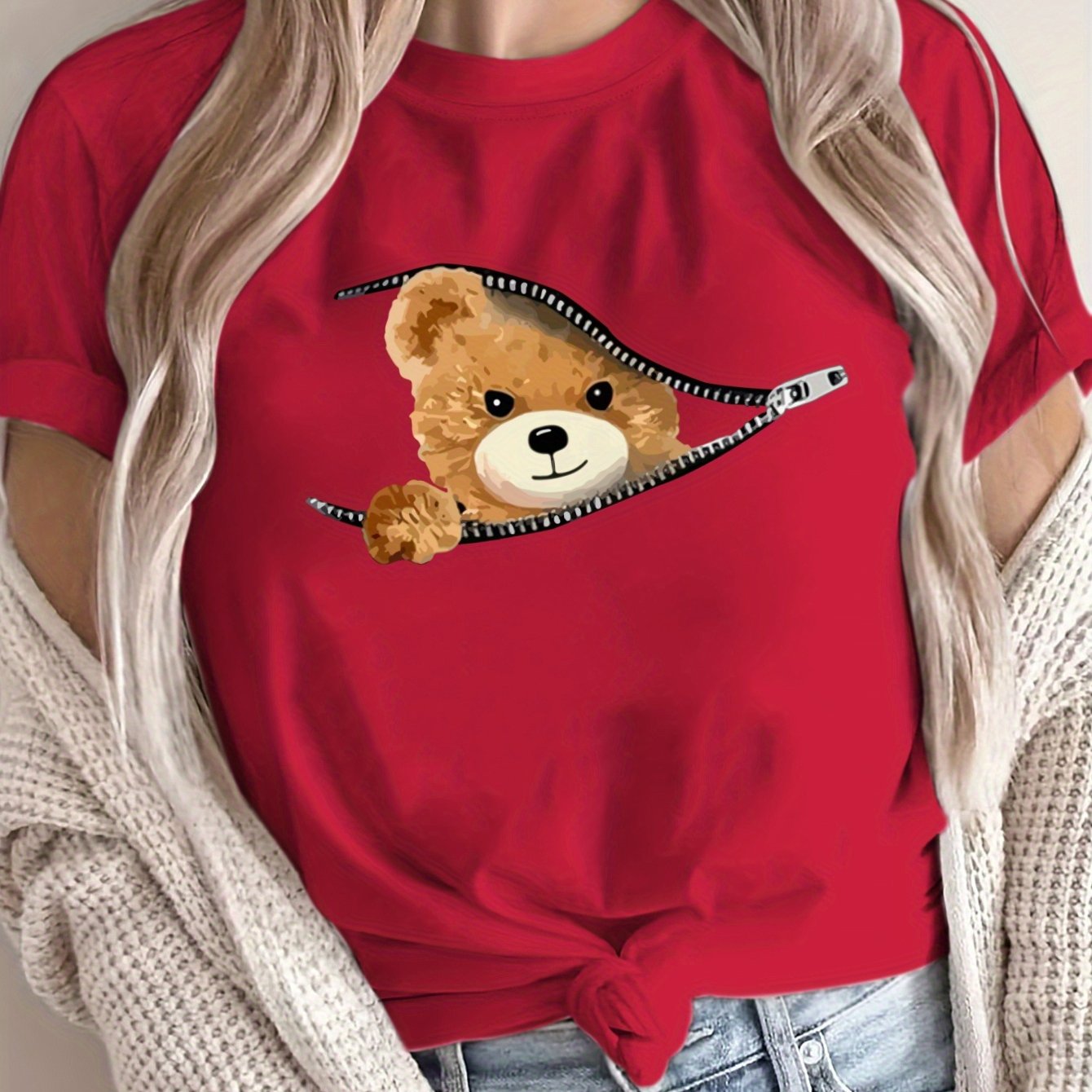 Women's Oversized Graphic T-Shirt Breathable Polyester Teddy Bear Design Loose Fit