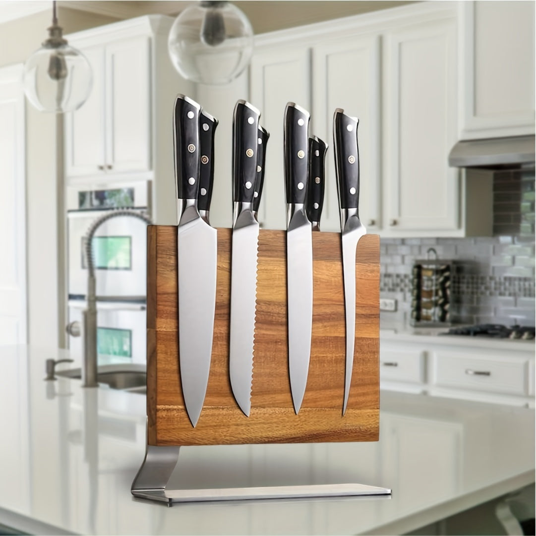 Acacia Wood Knife Holder with Magnetic Double-Sided Knife Seat for Kitchen Use