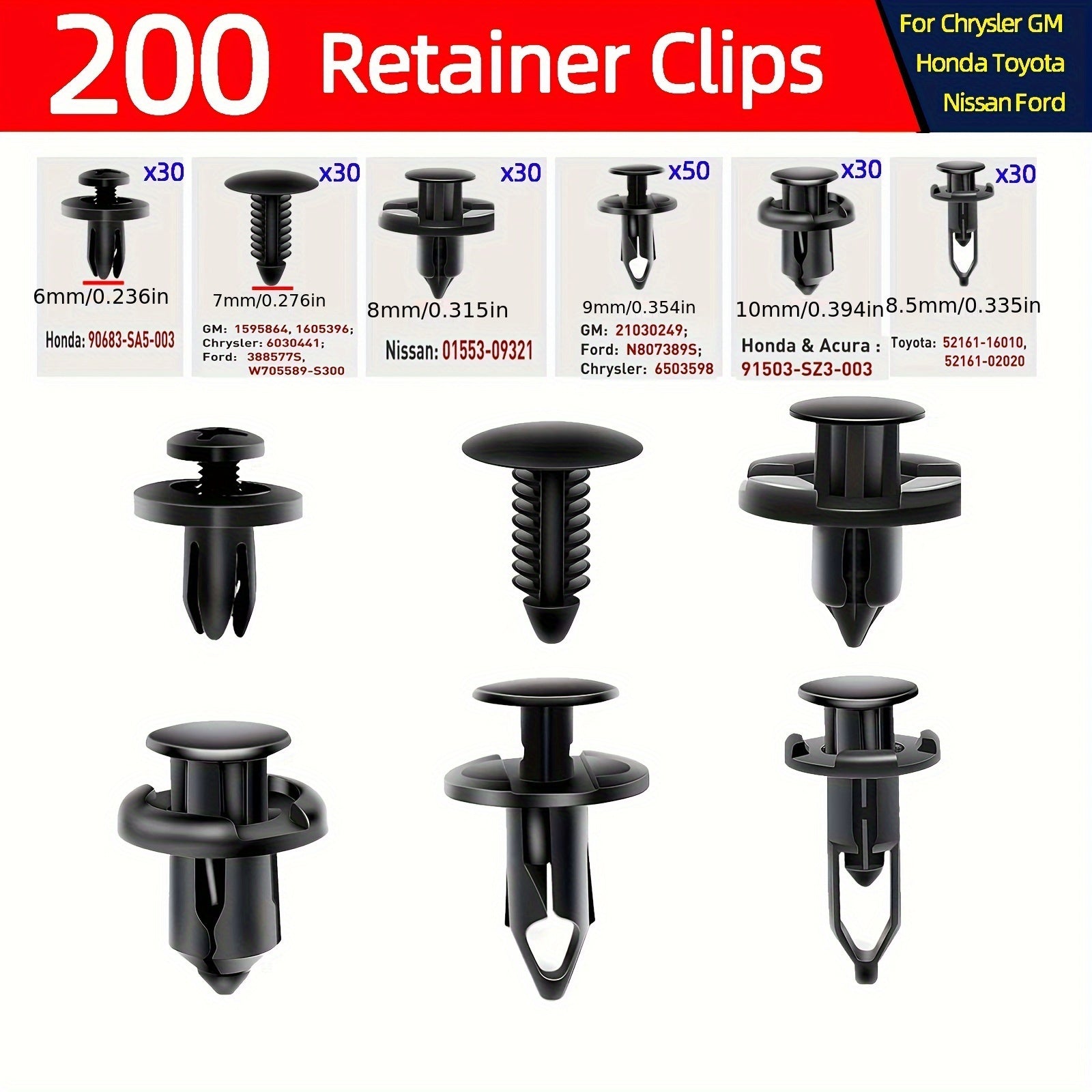 200Pcs Car Fixing Clips Universal 6 Types Bumper Push Rivet Auto Parts