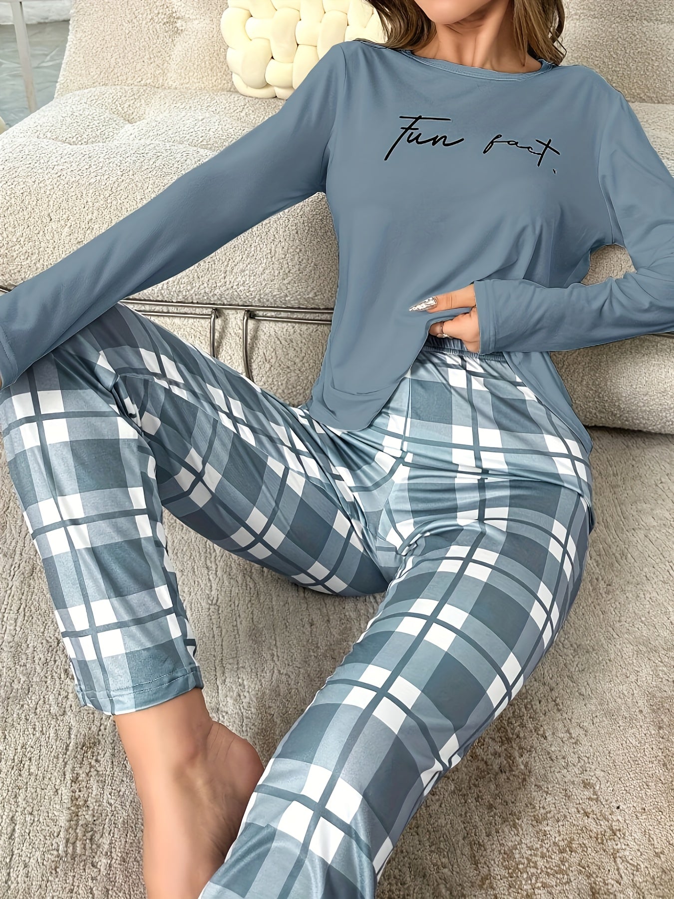 Women's Casual Sleepwear Set Long Sleeve Top and Plaid Trousers Gray-Blue Slogan Print