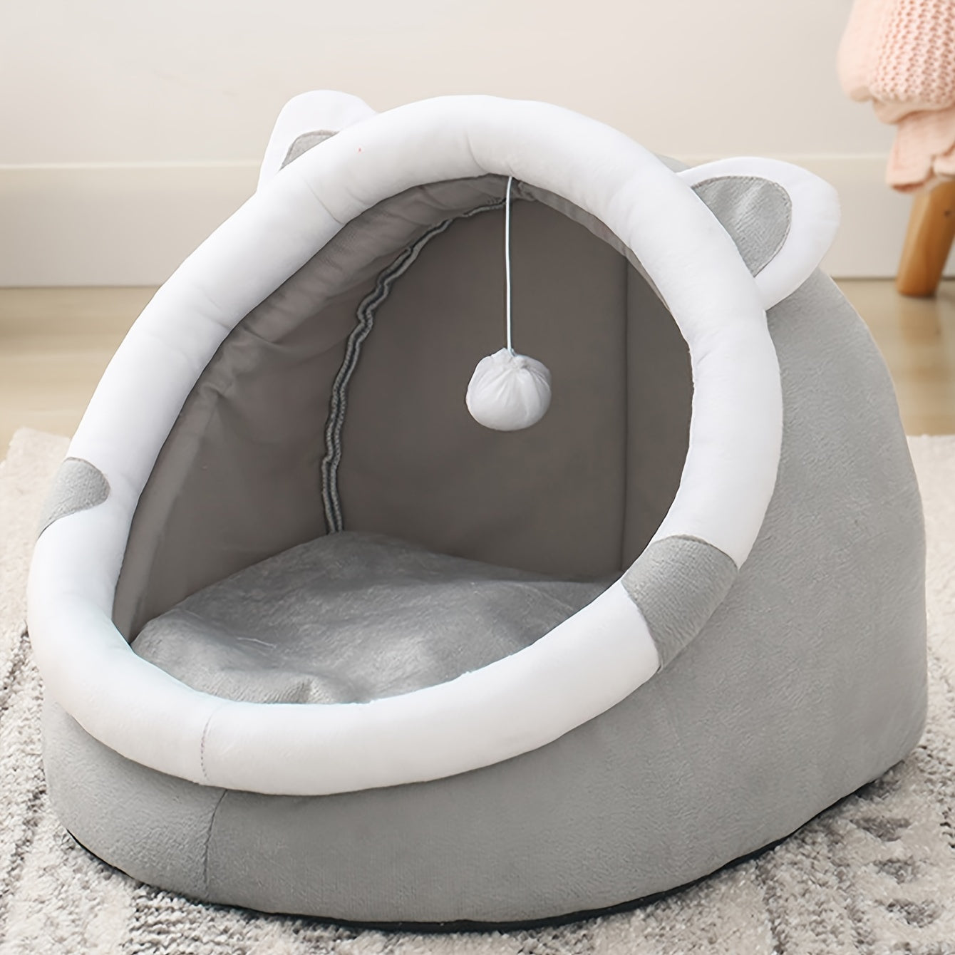 Convertible Grey Cat Ear Pet Bed for Small to Medium Cats and Dogs All-Season Indoor Lounge
