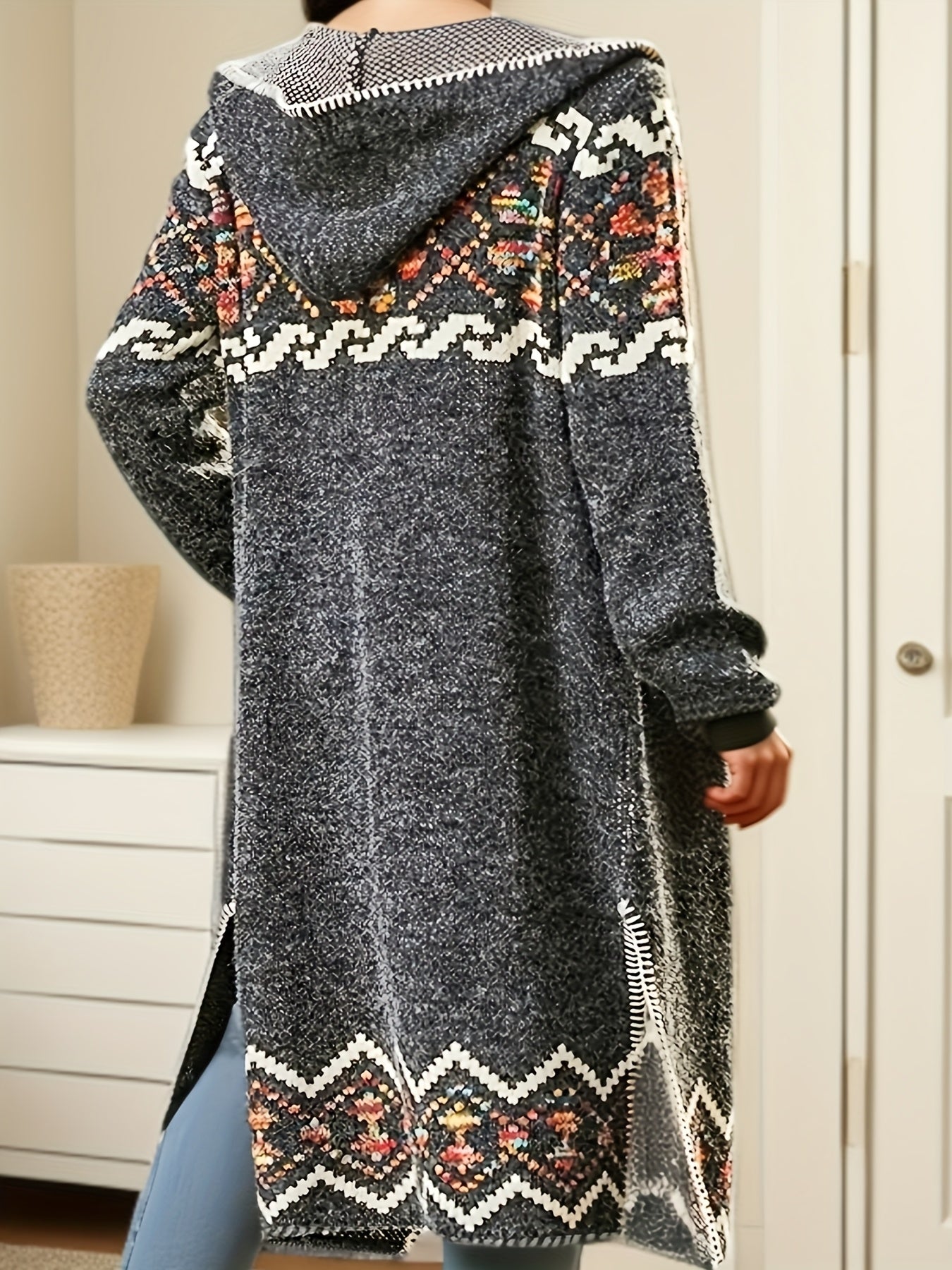 Plus Size Women's Open Front Cardigan Long Sleeve Geometric Pattern Polyester Outerwear