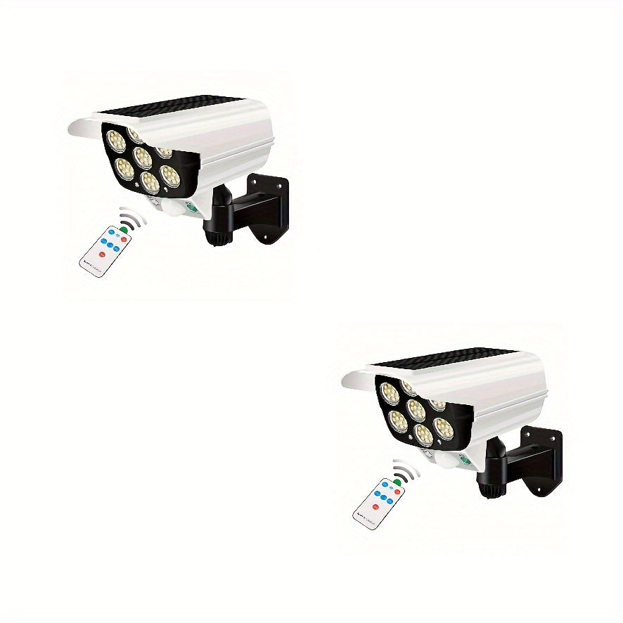 Outdoor Solar Motion Sensor Lights with Remote and Dummy Security Camera 77 LED Floodlights for Garden Porch Driveway