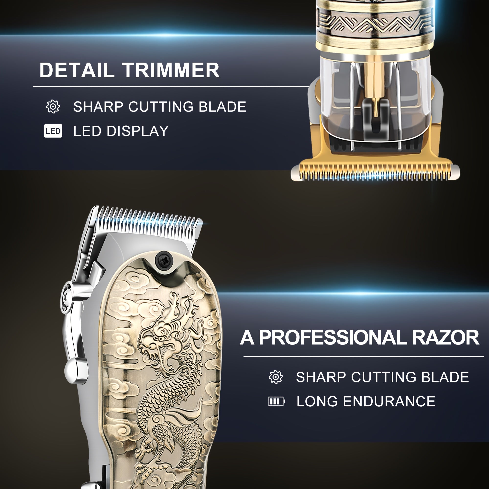 3pcs Men Professional Hair Beard Trimming Set Cordless Hair Clipper Digital Display