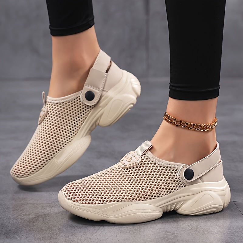 Women's Mesh Casual Sneakers Lightweight Summer Shoes Cushioned Sole Beige White