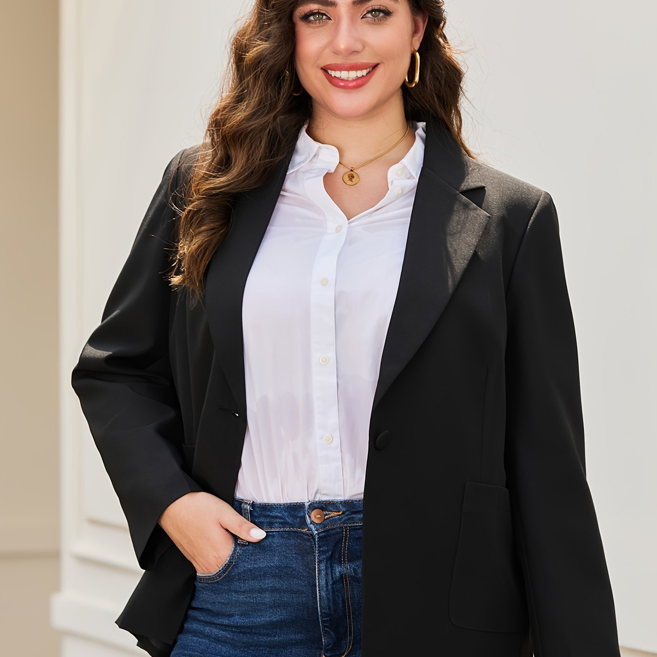 Women's Plus Size Blazer Open Front Long Sleeve Office Suit Jacket Solid Color