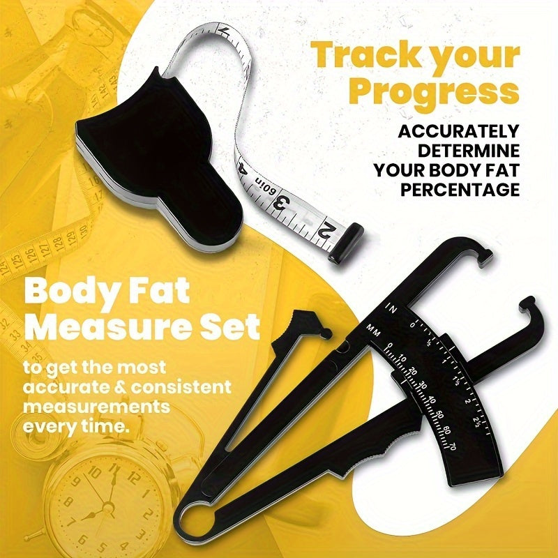 Set of 2 Body Fat Measurement Tools Handheld Fat Caliper Tape Measure Combo for Men Women Portable Fitness Kit