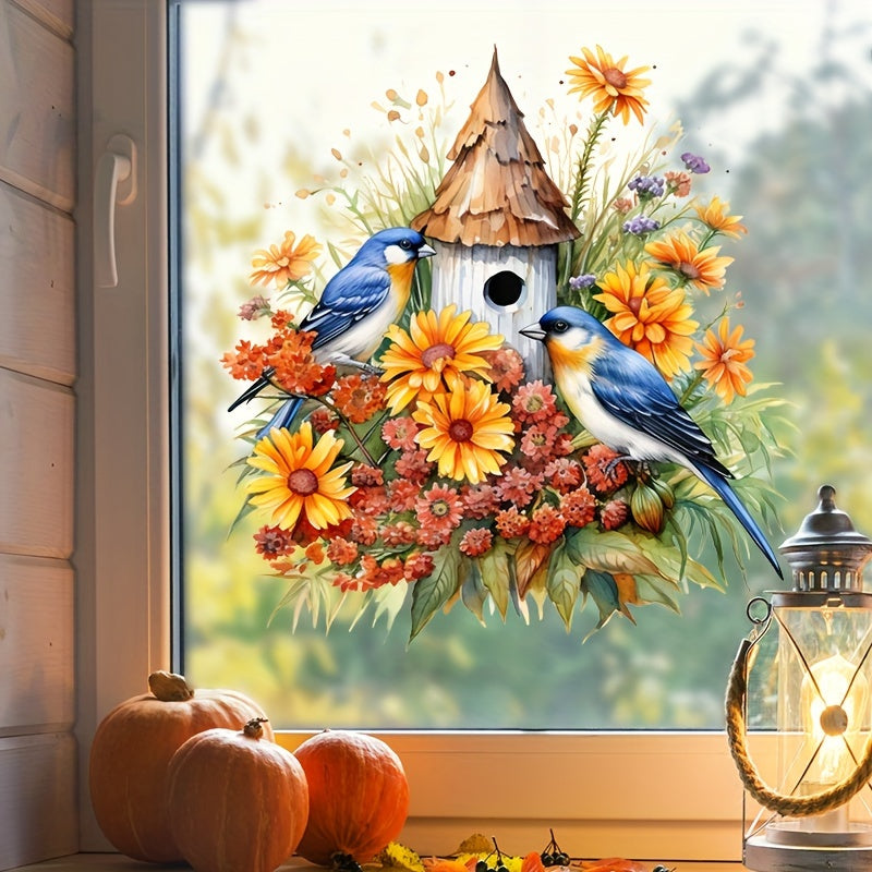 Matte Finish Vinyl Sticker Blue Birds Floral Birdhouse Decor 30cm