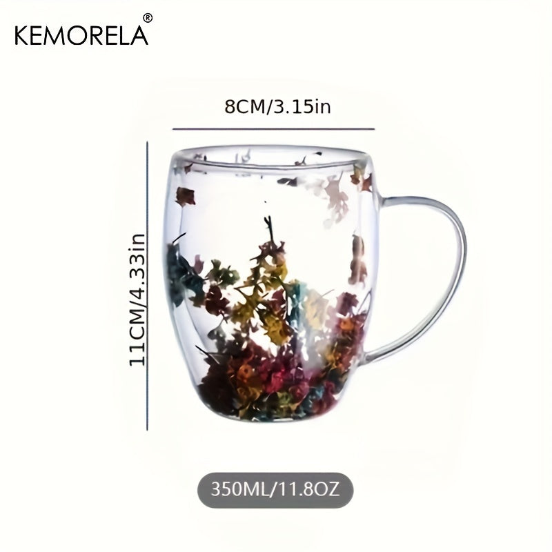 Набор из 1/2/4/6, креативная двойная стеклянная кружка объемом 11,8 унций с настоящими цветами внутри и ручкой, емкость 350 мл. Изготовлена из высокобorosilicate стекла.