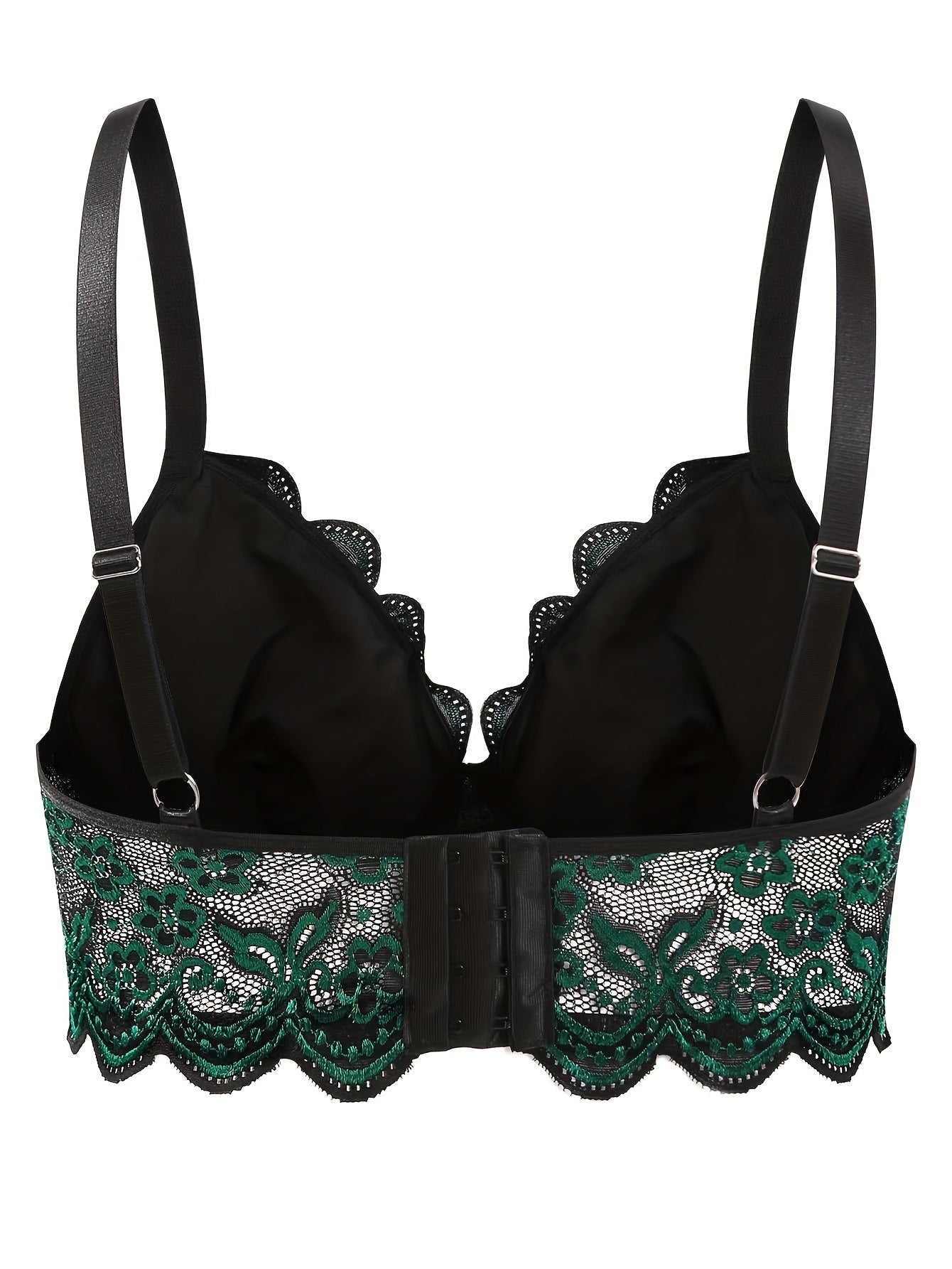 Plus Size Women's Jacquard Lace Front Closure V-Neck Bra Black Green Floral