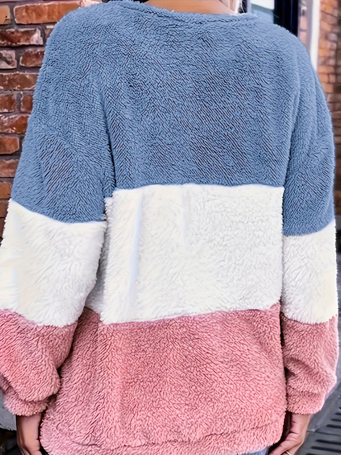 Plus Size Women's Fleece Hoodie Color Block Striped Loose Fit Pullover Winter Warmth