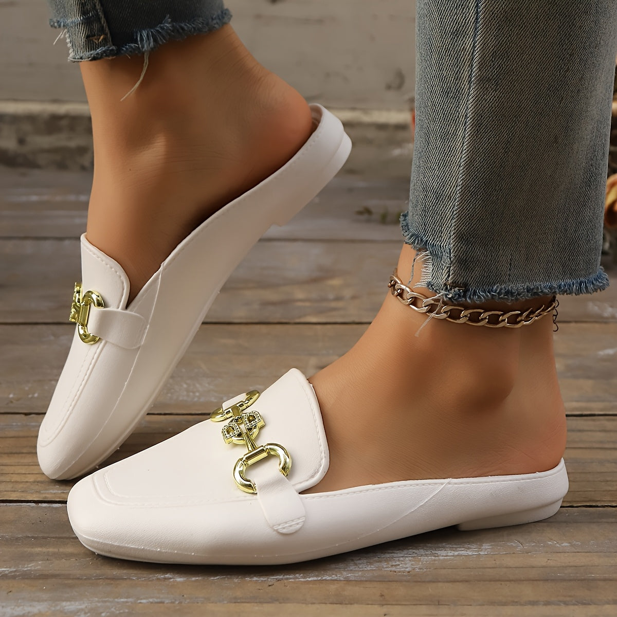 Women's Summer Loafers Black White PU Casual Flats with Golden Chain