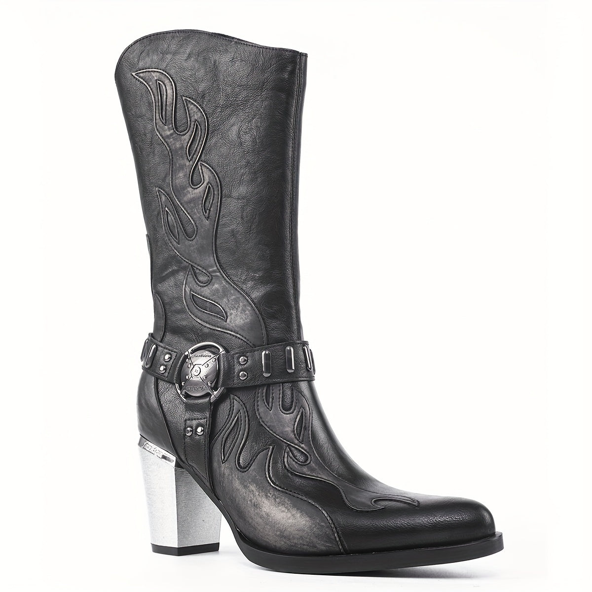 Women's High-Top Leather Knight Boots Over-the-Knee Buckle Irregular Silver