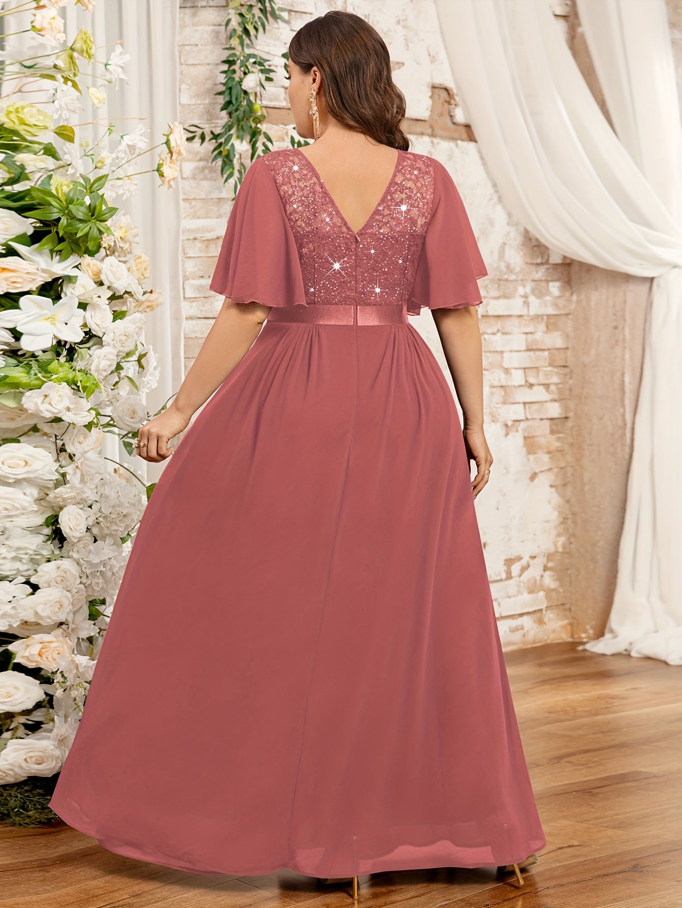 Plus Size Women's Mauve Lace Beaded Formal Floor-Length Dress for Weddings
