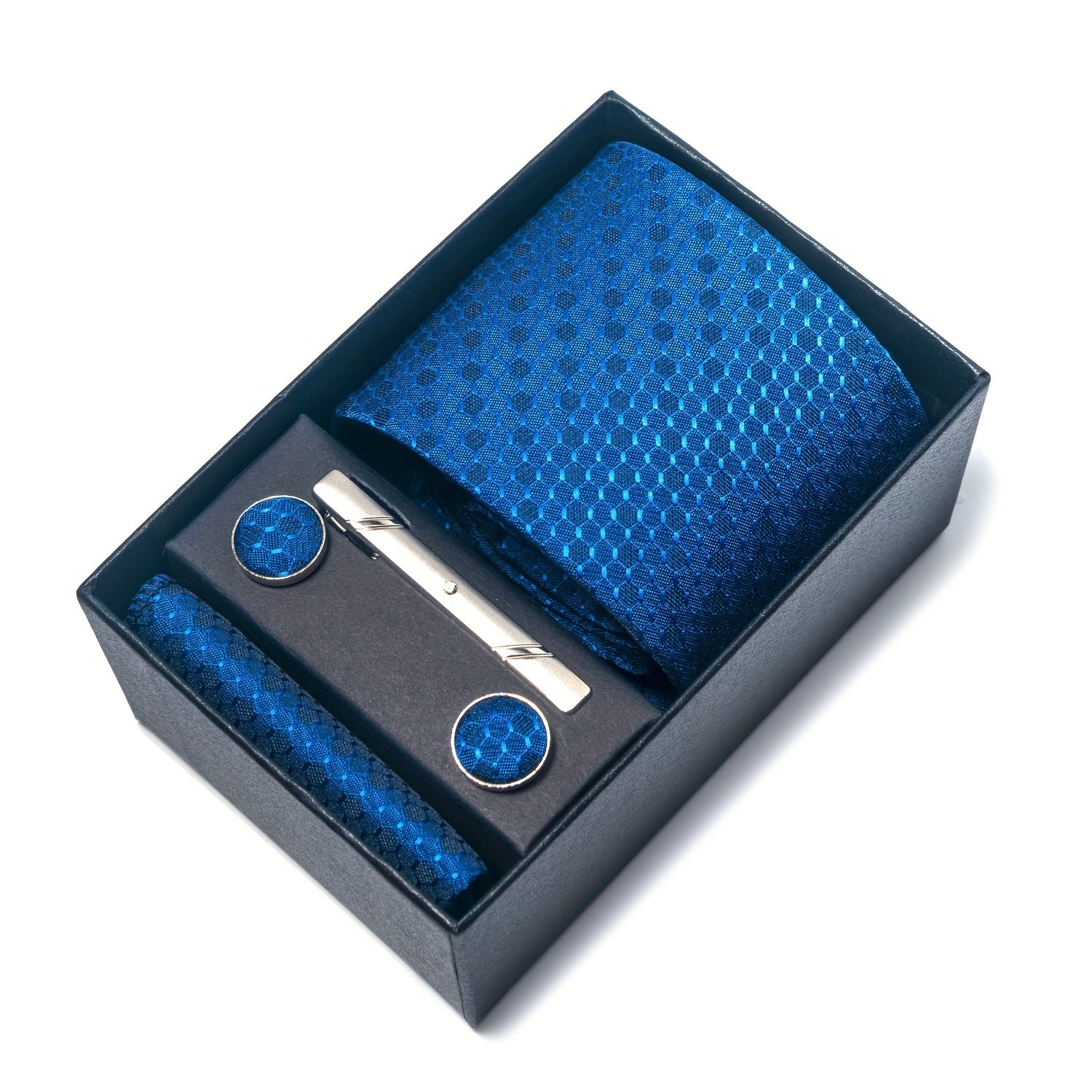 Men's Blue Tie Set with Pocket Square Cufflinks and Tie Clip for Weddings and Occasions