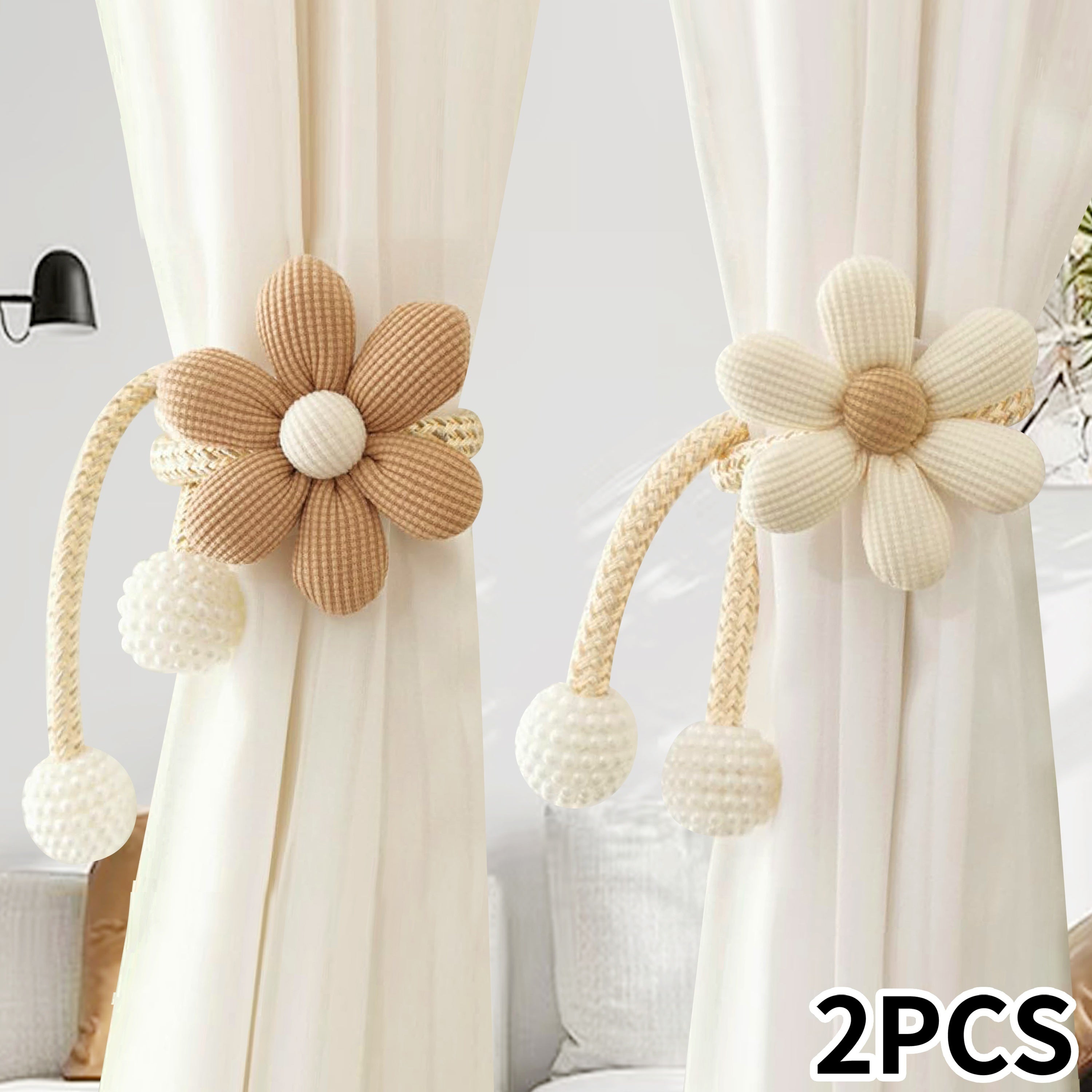 Set of Two Curtain Tiebacks with Cartoon Flowers and Faux Pearls for Bedrooms and Living Rooms