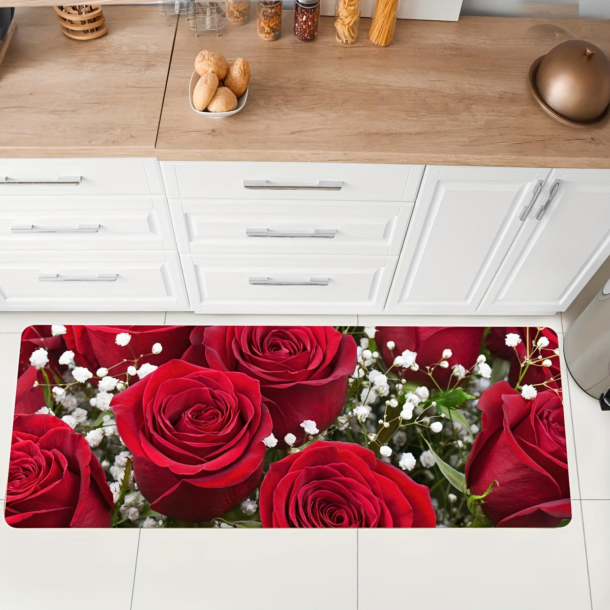 Soft Premium Rose Flower Kitchen Mat Anti-Fatigue Polyester Entryway Bedroom Living Room