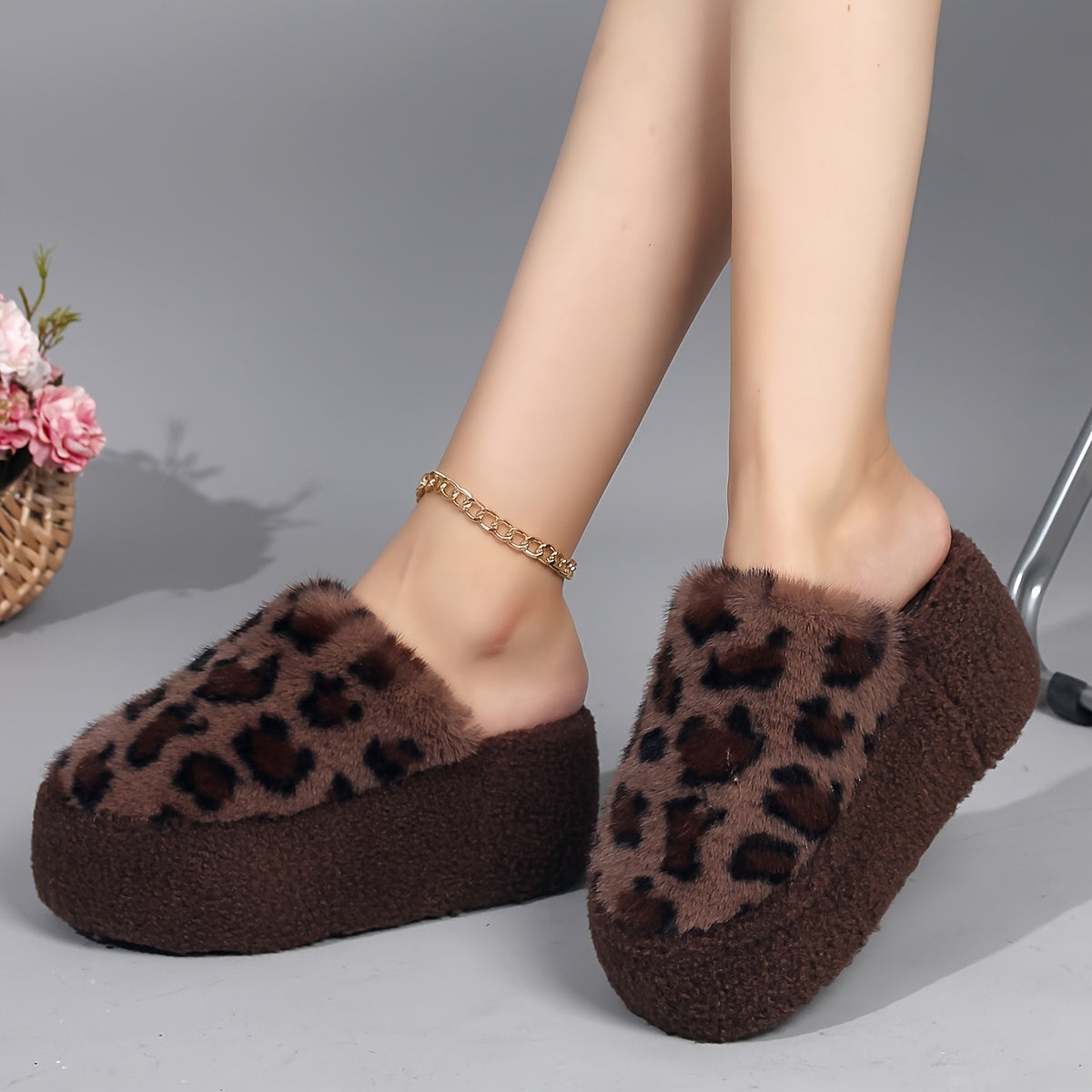 Women Fuzzy Leopard Print Slippers Plush Brown Black Spots Indoor Outdoor
