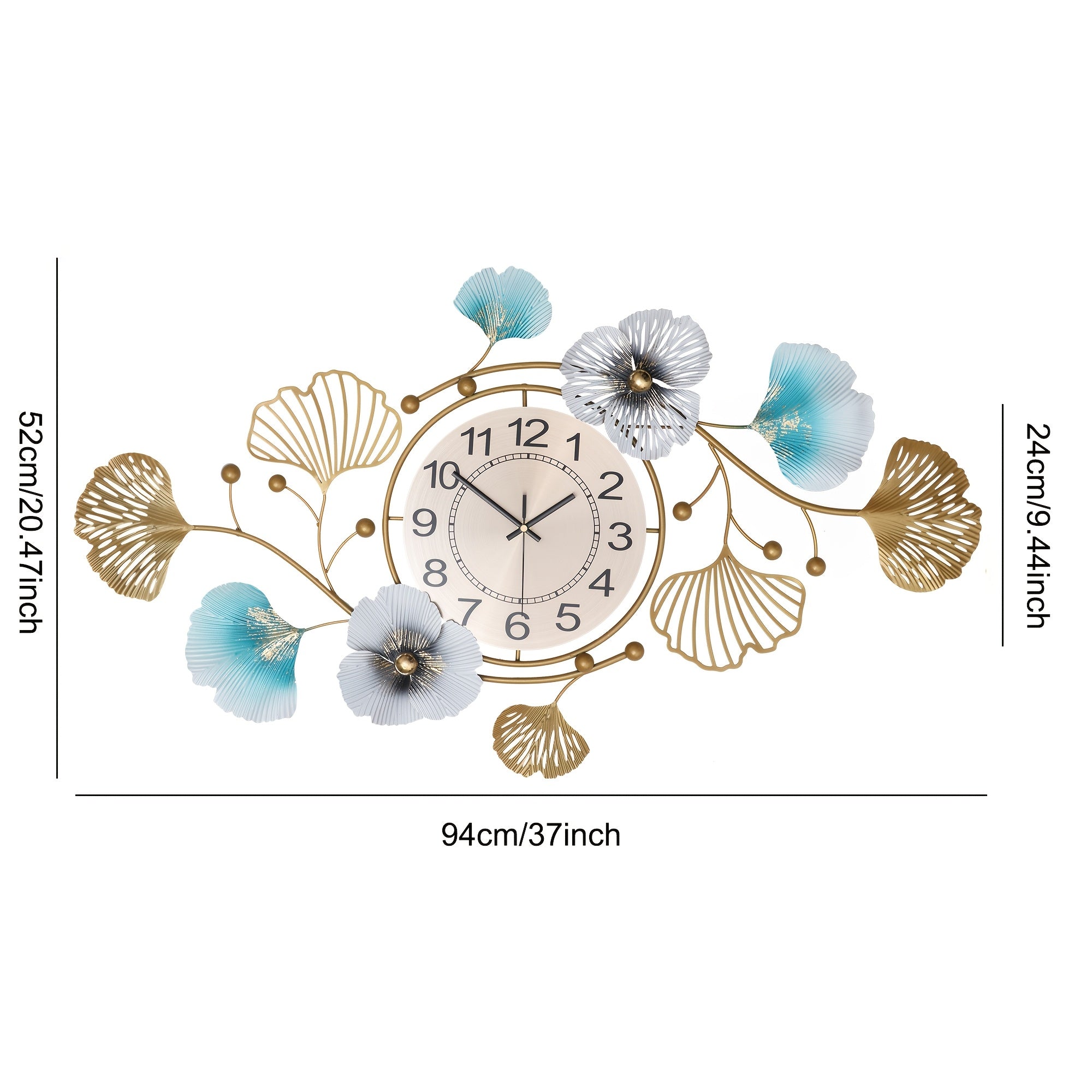 Ginkgo Leaf Metal Wall Clock Silent Floral Design Battery Operated