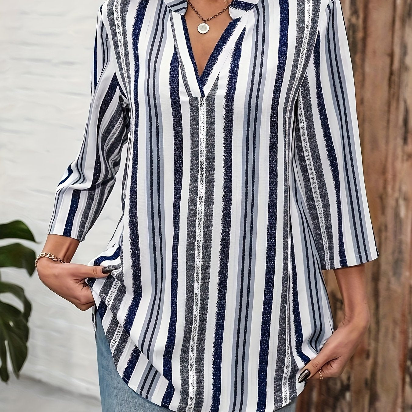Women Striped V-Neck Blouse Long Sleeve NonStretch Casual Top Blue White
