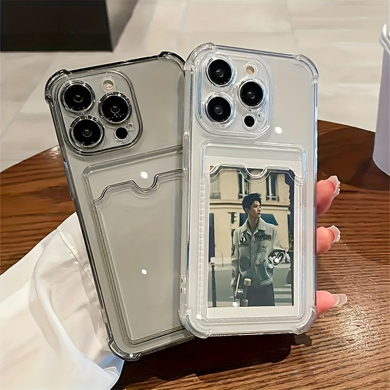 Transparent TPU Phone Case with Card Slot for iPhone 11-15 Series Drop-Proof Back Cover