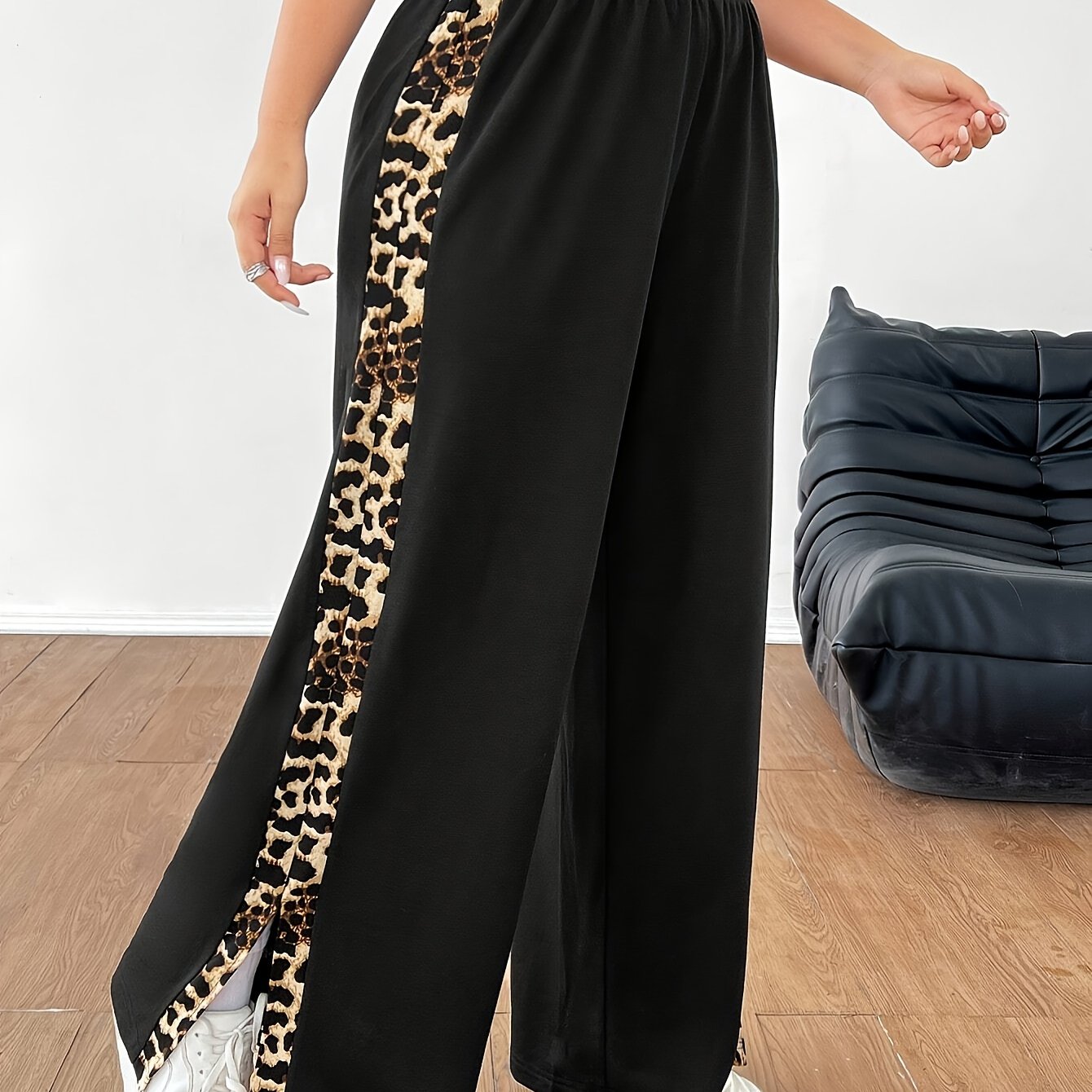 Plus Size Leopard Print Wide-Leg Pants High Waist Polyester