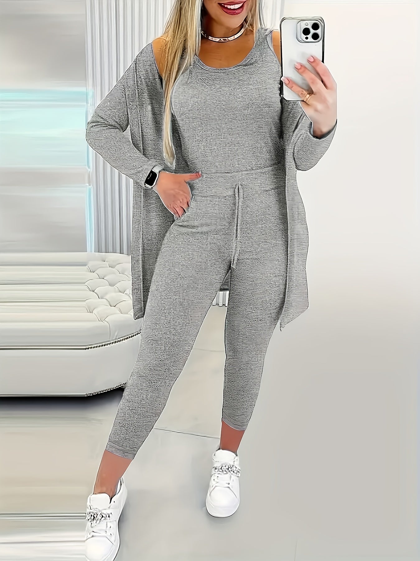 Plus Size Womens Loungewear Set Solid Color Long Sleeve Suspender Autumn Winter