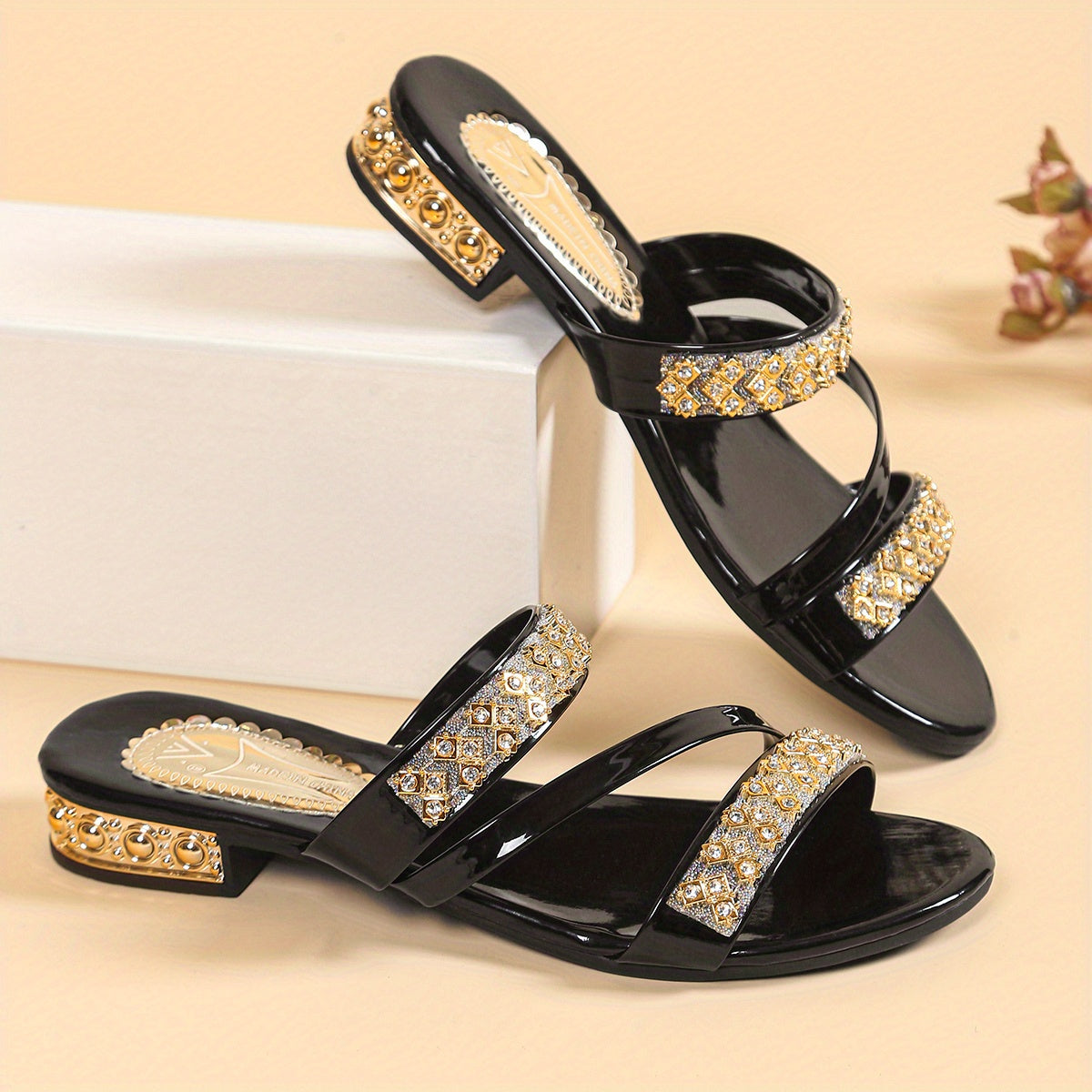 Women Golden Slide Sandals with Rhinestones Open Toe Low Heel