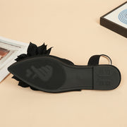 Women's Black Fabric Flat Sandals with Double Flower Embellishment