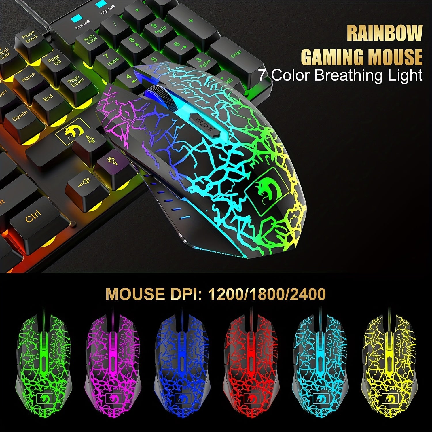 Wired Gaming Keyboard and Mouse Set with Rainbow LED Backlit and Headset for PC and Console